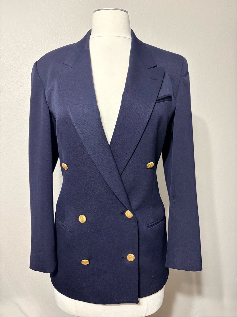 Vintage Tootsies 100% Wool Gabardine Double-Breasted Navy  Blazer Gold Buttons